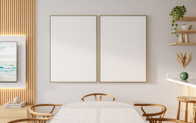 Two vertical frames mockup in contemporary minimalist beige room interior, 3d render