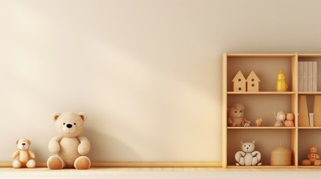 Photo of a cute teddy bear sitting on a shelf next to a bookshelf