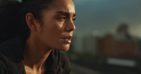 City, fitness and face of woman tired after exercise, outdoor challenge or morning cardio run, endurance or training. Sweat, breathing and exhausted person, runner or athlete fatigue from workout - Powered by Adobe