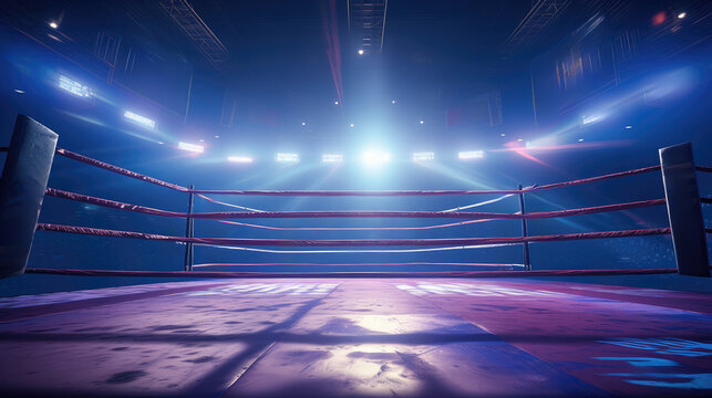 Empty wrestling boxing ring filled with spotlights, competition arena