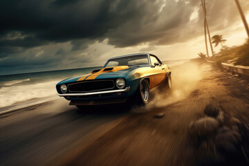 A classic sports car driving on the road, AI generated - obrazy, fototapety, plakaty