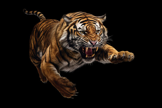 Tiger in a jump with an open mouth and sharp teeth in full height isolated on a black background. Dangerous, angry tiger