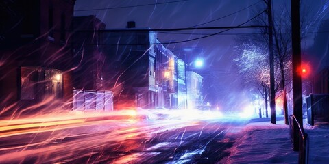 city street at night after snow