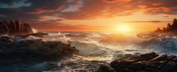Wide view of waves and rocks at sunset