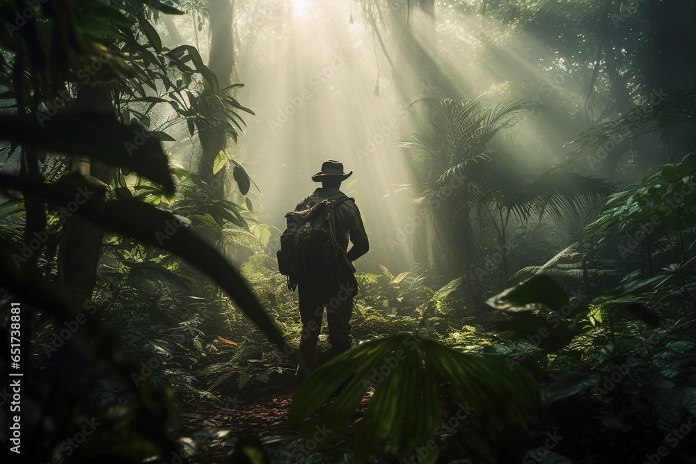Wall mural explorer, traveler in the green jungle. research, science, travel