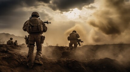 Real soldiers walk on the battlefield - obrazy, fototapety, plakaty