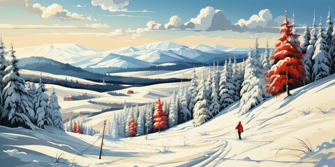 Color illustration of a man who is skiing on a snow mountain - obrazy, fototapety, plakaty