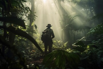 Explorer, traveler in the green jungle. Research, science, travel - obrazy, fototapety, plakaty