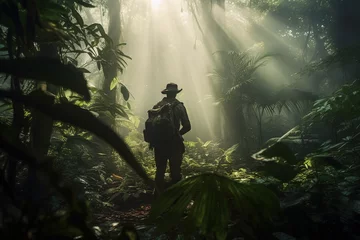 Fotobehang Explorer, traveler in the green jungle. Research, science, travel © marikova