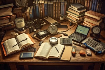 The desk is full of various items