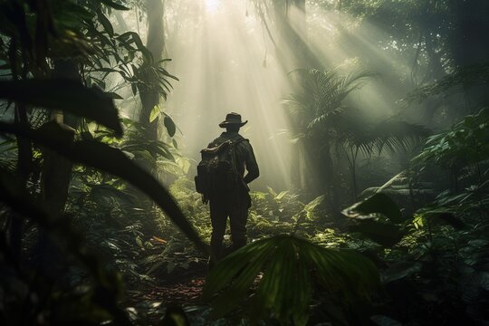 Explorer, traveler in the green jungle. Research, science, travel