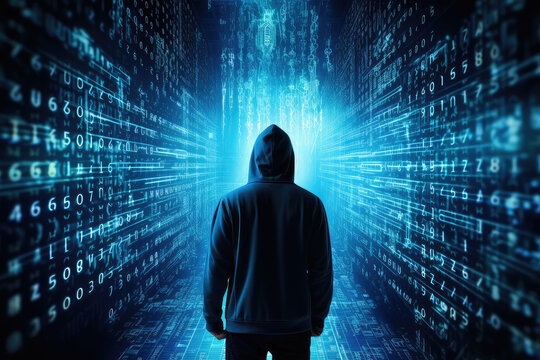 A computer hacker stands in front of data information background, cyber security concept