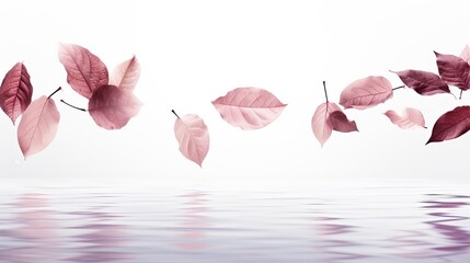 isolated leaves reflections on calm water with white background and copy space