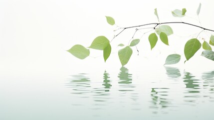 Obraz premium isolated leaves reflections on calm water with white background and copy space