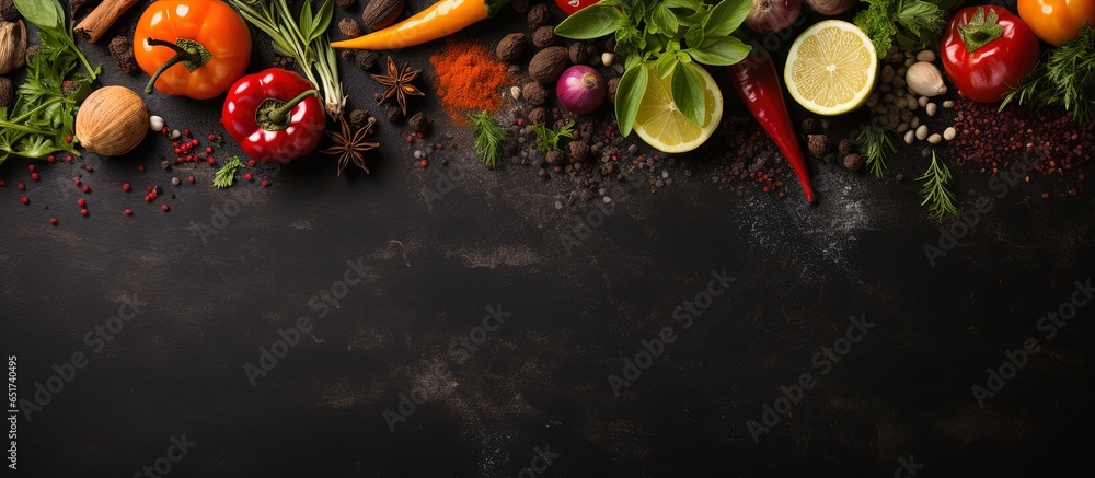 Poster top view of a black stone table with a background of spices herbs and vegetables ample space to add 