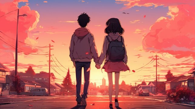 Anime style illustration of a young couple walking through a neighborhood, holding hands