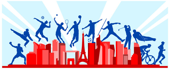 Fototapeta na wymiar Great editable vector file of international multisport festival with players silhouette in the front of Paris skyline with classy and unique style best for your digital design and print mockup