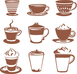 Vector illustration, icon set of nine different cups of coffee isolated on a white background. Pixel perfect icon 