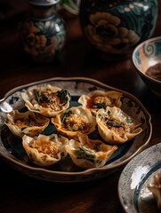 Shui lan fried wonton for chinese kung pao, in the style of flower and nature motifs AI Generated