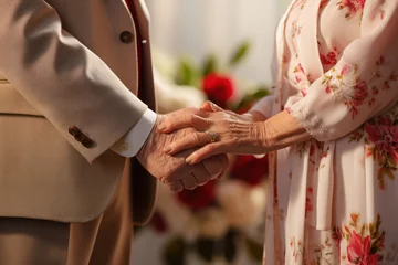 Keuken foto achterwand Oude deur A close-up of an elderly couple's hands exchanging wedding vows for a second marriage, signifying the pursuit of love and companionship later in life. Generative Ai.