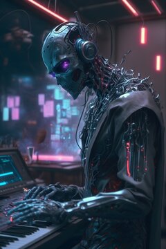 a cyborg in 2056 in a cyberpunk music studio using artificial intelligence photorrealistic 