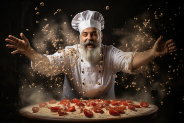 A chef tossing pizza dough in the air before adding fresh toppings, capturing the essence of Italian pizza-making. Generative Ai.