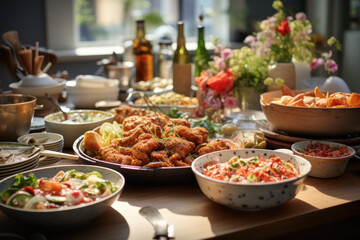 A communal potluck gathering, featuring dishes from different cultures, symbolizing unity through food. Generative Ai.