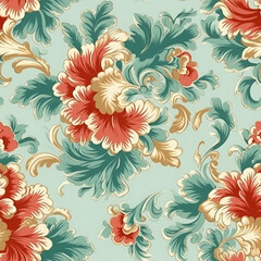 Fototapeta na wymiar Rococo flower pattern red mint and golden colors seamless pattern, AI Generated