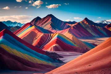 Award winning landscape photography of several rainbow mountains on the foreground and the sky in the background calm optimistic mood daylight in peru 8k HD  - obrazy, fototapety, plakaty