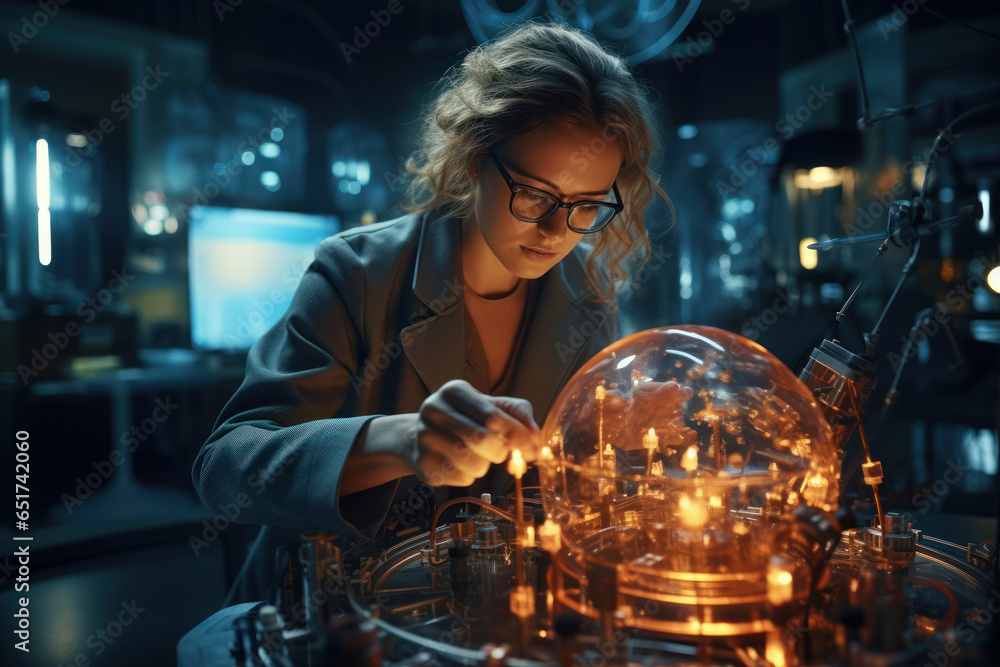 Aufkleber a woman in a physics lab, conducting experiments on quantum mechanics, pushing the boundaries of our