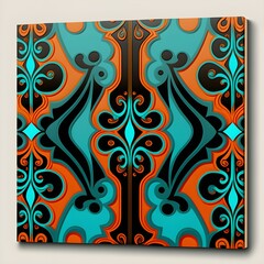 spanish pattern design tall narrow colors of aqua teal burnt orange and black 