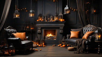Room with fireplace decorated for Halloween. Festive interior. ai generative