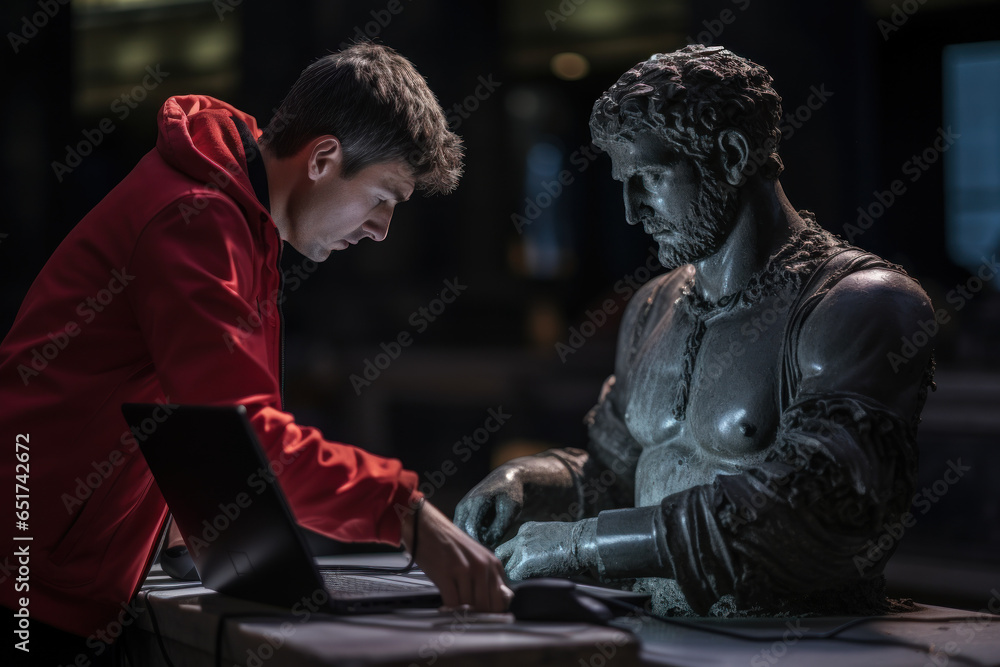 Poster restoration experts using 3d scanning technology to create replicas of ancient artifacts. generative