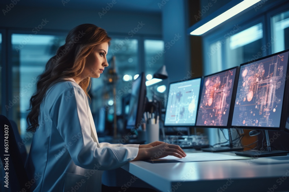 Poster a woman in a lab coat analyzing data on a computer, contributing to scientific research. generative 