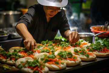 A Vietnamese street vendor preparing banh mi sandwiches, representing the popularity of street food worldwide. Generative Ai.