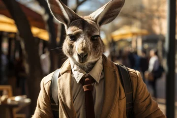 Fotobehang A kangaroo with a briefcase, representing animals' ability to adapt to different environments, akin to a mobile workforce. Generative Ai. © Sebastian