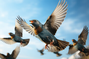 Obraz premium A group of birds migrating for business purposes, symbolizing the mobility and global reach of animal enterprises. Generative Ai.