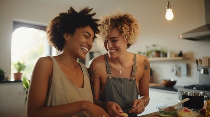 LGBT Couple Cooking at Home, In Love, Enjoying Each Other's Company - obrazy, fototapety, plakaty