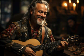 A medieval minstrel performing in a medieval court, entertaining nobility with music and storytelling. Generative Ai.