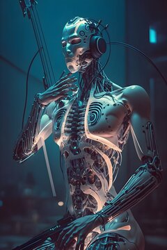 a cyborg in 2056 producing music using artificial intelligence photorrealistic 
