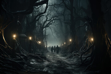 A spooky forest filled with twisted trees and glowing eyes peering from the shadows. Generative Ai.