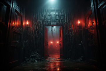 A spooky spiderweb-covered doorway leading into a dimly lit haunted house attraction. Generative Ai.