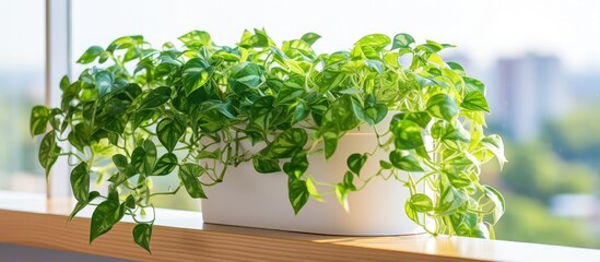 English ivy plant in pot on balcony as part of home and garden concept - obrazy, fototapety, plakaty