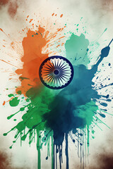 India flag Splash Ink art background with Victory symbol, Generative AI