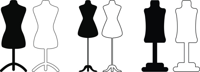 Plastic dummy on the stand icon line, flat set. Sewing or tailoring tools kit sign symbol mannequins realistic female forms dress stands isolated on transparent background vector for apps and website - obrazy, fototapety, plakaty