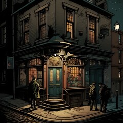 exterior a Dublin pub on a street corner at night people walking by comic book style highly detailed  - obrazy, fototapety, plakaty