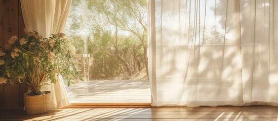Sunny day with large wooden window and beautiful curtains view blurred