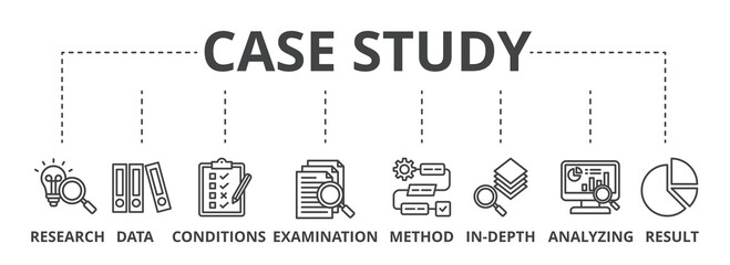 Case study web banner icon vector illustration concept with icon of research, data, conditions, examination, method, in-depth, analyzing, and result