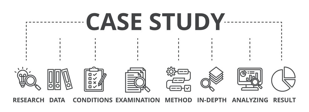 Case study web banner icon vector illustration concept with icon of research, data, conditions, examination, method, in-depth, analyzing, and result