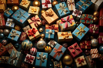 Fototapeta na wymiar Top view of colorful collection of Christmas gift boxes. Happy New Year background concept
